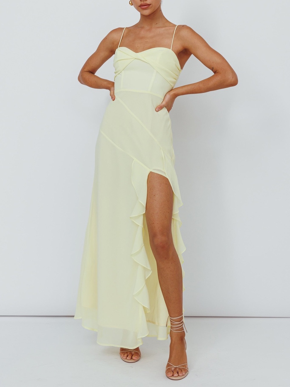 Saints & Secrets Jayna Ruffle Trim Split Dress Yellow size XS New READ